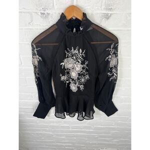 ASOS Women's Long Sleeve High Neck Sheer Top Contrast Embroidery Black Size 2